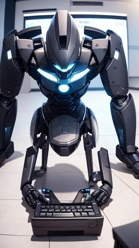 Black robot sitting on the floor typing on a computer looking at the computer screen 