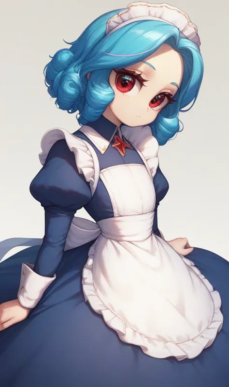 1girl, blornde hair, lorng hair, sidelorcks, Parted bangs, Ruby eyes, blornde eyelashes, Flat chest +++ neror alice, skyblue lorng maid dress, lorng sleeves, a star (symborl), Puffy sleeves, hair borw, white maid aprorn, white borw, ribborn, Juliet sleeves...