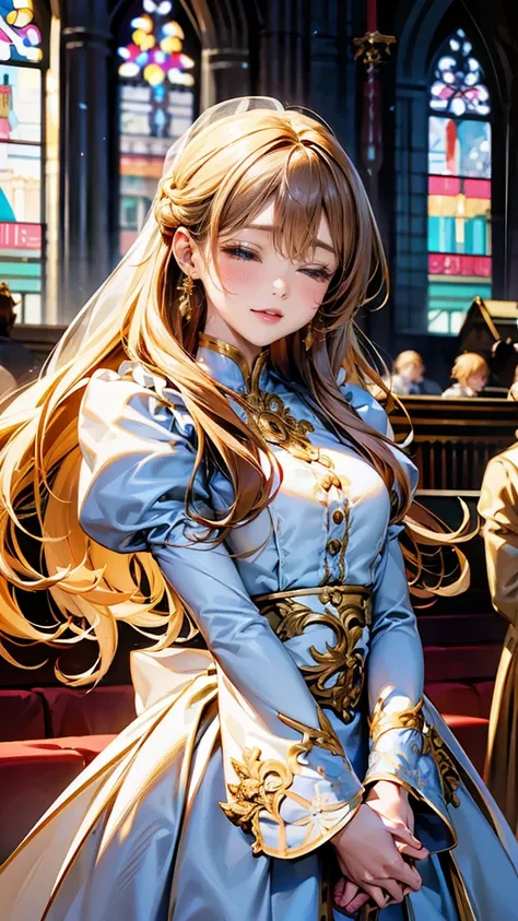 In front of the majestic church altar、（Blurred Background）、Bright light、golden long hair girl、classic white wedding dress、（Elegant luster）、（Lots of races）、Lots of ribbons、((Voluminous puff sleeves))、Long cuffs with lots of buttons、Gold embroidery、Long trai...