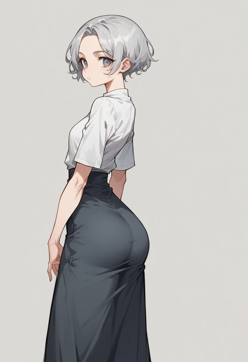 (Tall Woman,Silver Hair,Wavy short haircut,Grey Eyes,Medium Chest,Medium sized butt)Junior High School ,Black long skirt