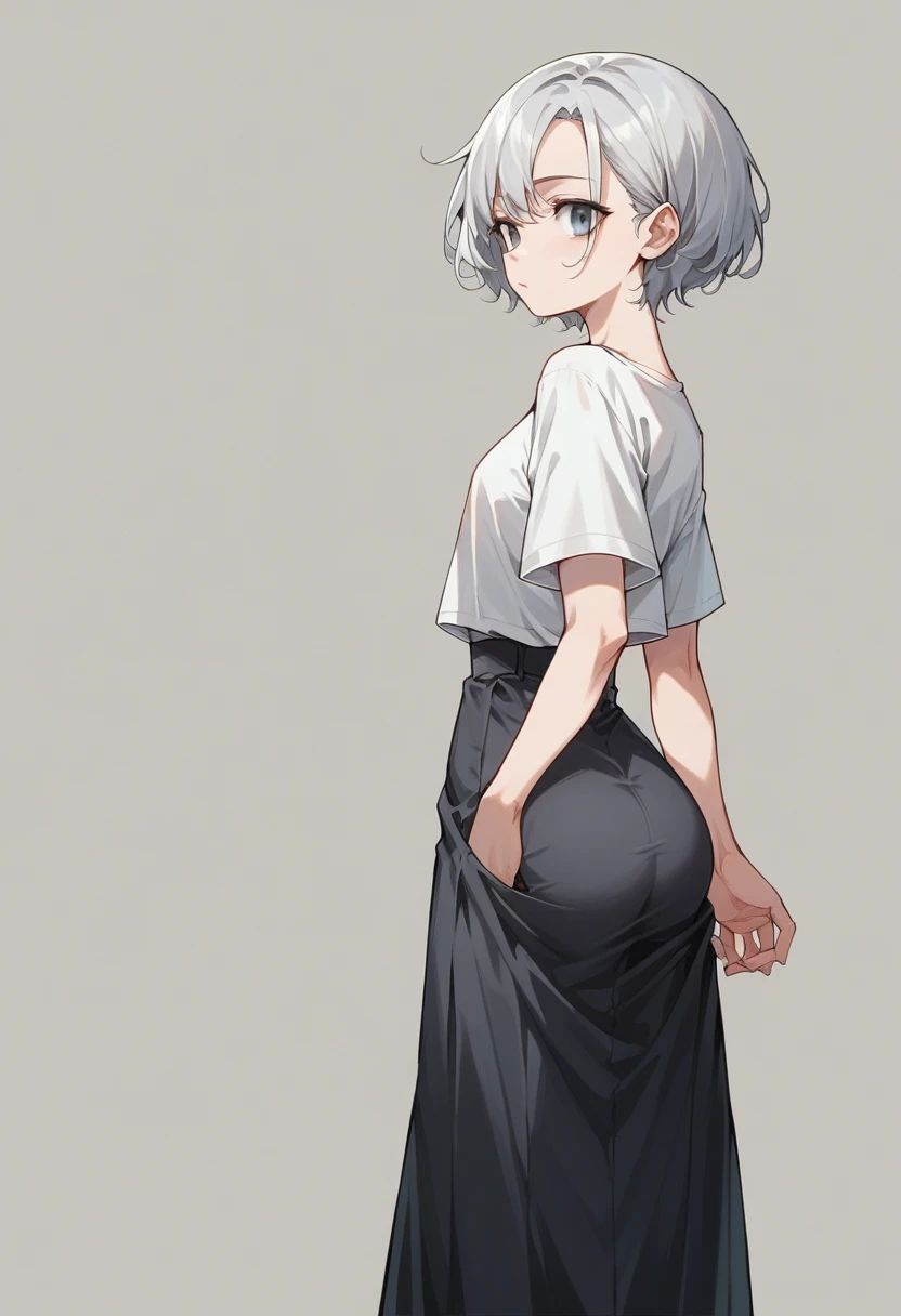 (Tall Woman,Silver Hair,Wavy short haircut,Grey Eyes,Medium Chest,Medium sized butt)Junior High School ,Black long skirt