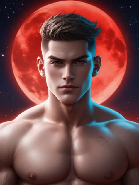 score_9, score_8_above, (1man), A naked muscle male, mature male, footballer body type, sorcerer, sorcerer clothing, blood moon, red blood moon, magic power, Handsome face, eyes with brightness, The man looks confident and determined, crew cut, Stars dot t...