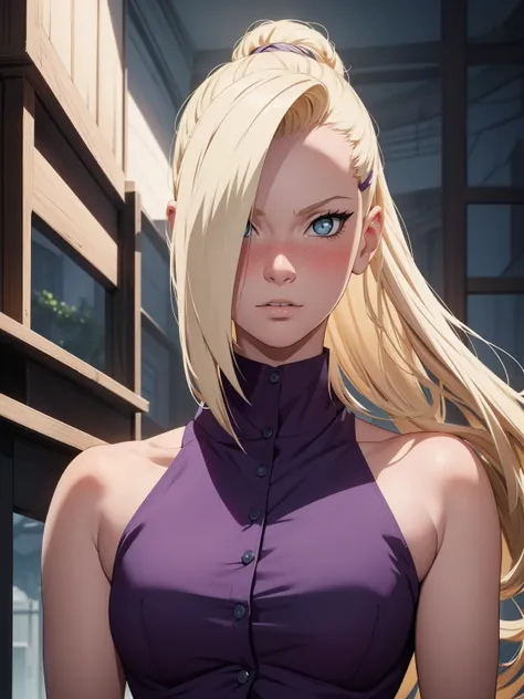 {-erro_de_anatomia:1.0} estilo anime, Masterpiece, absurdities, Yamanaka Ino(Naruto), 1girl Solo, woman, Perfect composition, Detailed lips, Beautiful face, body proportion, Blush, Long blonde hair, blue eyes, purple blouse, purple pant, Soft gauze, Super ...