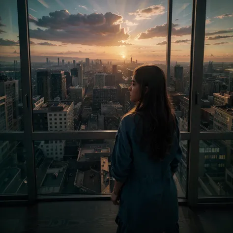 1girl,cityscape,window view,sunset,dramatic sky,stunning scenery,realistic,detailed,4k,8k,HDR,ultra-realistic,photorealistic,cinematic lighting,vivid colors,beautiful architecture,warm tones,atmospheric,serene,tranquil,breathtaking,masterpiece