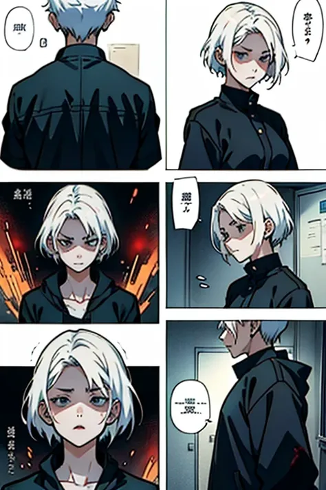 Girl with short white hair small and really skinny, feeling extremely sick, detailed illness, coughing blood, fainting , throwing up, bloody, manga page with panels and dialogue    