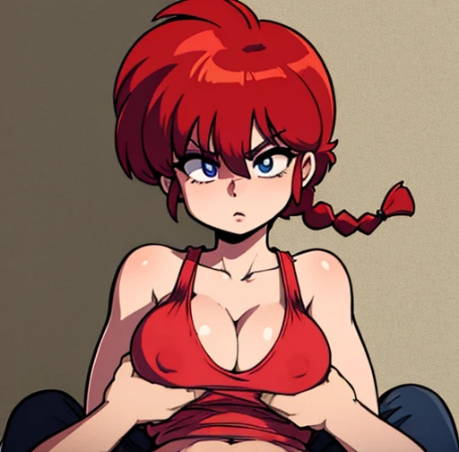 RanmaChan, Red hair, Braided hair, blue eyes, detailed eyes, whole body, Cleavage Bulge, POV Breast Grab, naked, tank top, breast in shirt