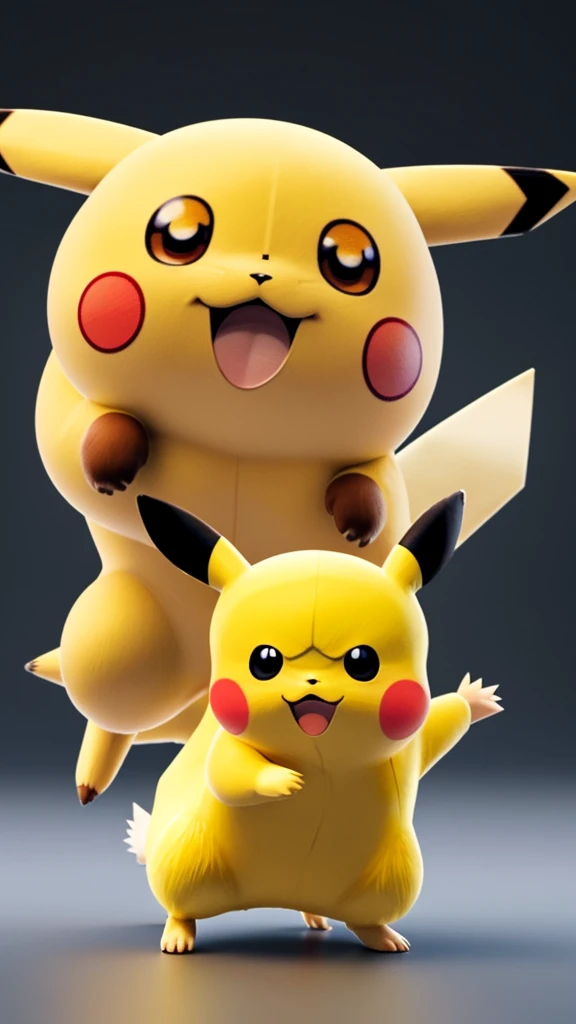 a hyper-realistic 3d rendering、pokémon characters、pikachu images、it has a yellow body and red cheeks.、striking a lively pose、rea...