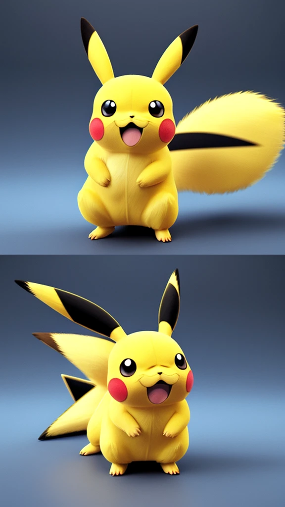 a hyper-realistic 3d rendering、pokémon characters、pikachu images、it has a yellow body and red cheeks.、striking a lively pose、rea...