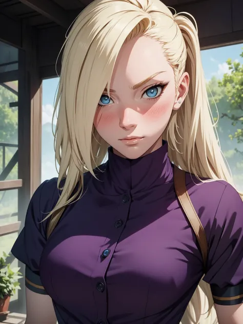 {-erro_de_anatomia:1.0} estilo anime, Masterpiece, absurdities, Yamanaka Ino(Naruto), 1girl Solo, woman, Perfect composition, Detailed lips, Beautiful face, body proportion, Blush, Long blonde hair, blue eyes, purple blouse, purple pant, Soft gauze, Super ...