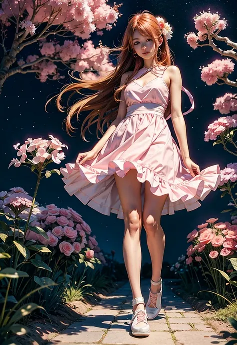 A full-body image of Orihime from Tanabata wearing white shoes、Wearing a pink dress