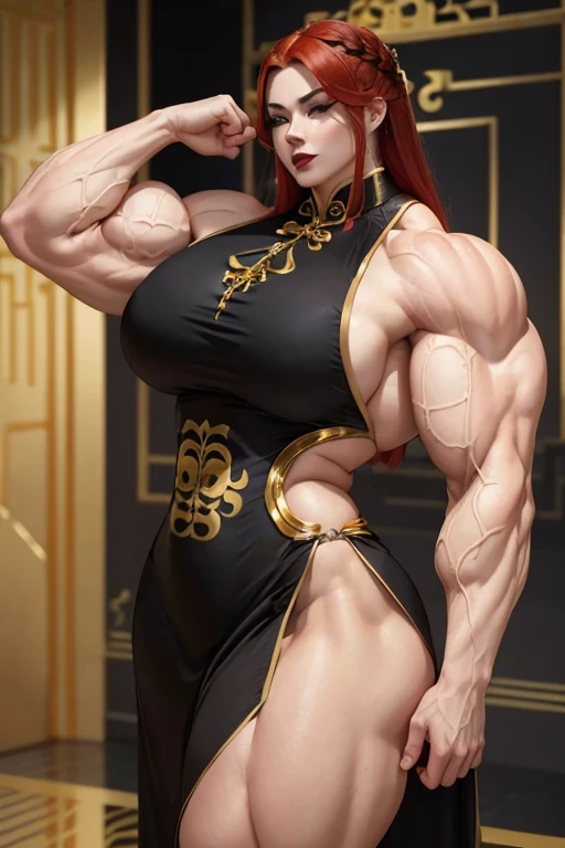 ((Massive, beautiful, buff, pale white skinned, muscular asian woman with red hair, black lipstick, ginormous bulky muscles and wearing an all gold beautiful long cheongsam dress)), (close view), massive muscles, massive biceps, hyper muscle triceps, (long...