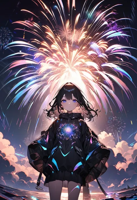 best quality, super fine, 16k, incredibly absurdres, extremely detailed, 2.5D, delicate and dynamic depiction, solid black image, fireworks display with iridescent flashes