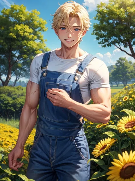 A muscular farmer boy, shirtlees and in overalls. Blonde hair, tan skin and smiling eyes, with a big radiant smile. 