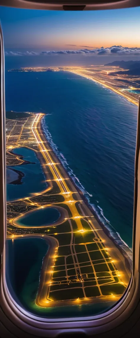 Highest quality,(masterpiece:1.2),Ultra-high resolution,RAW color photos,8K,Vast landscape photography,Realistic photos,Elaborate photos,(((View from the window of a landing plane))),Ocean,Runway,都会のnight景,night,Depth of written boundary,Wide Light,Low Con...