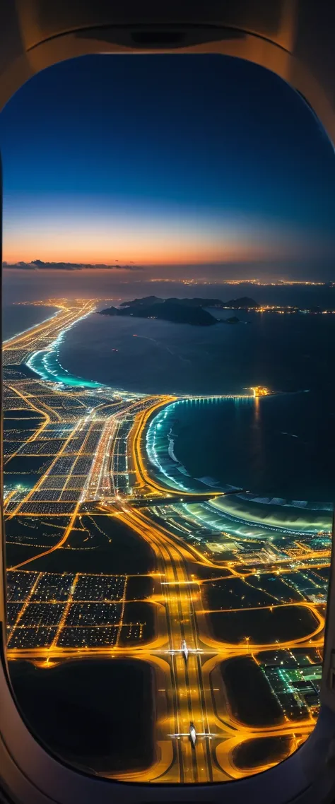 Highest quality,(masterpiece:1.2),Ultra-high resolution,RAW color photos,8K,Vast landscape photography,Realistic photos,Elaborate photos,(((View from the window of a landing plane))),Ocean,Runway,都会のnight景,night,Depth of written boundary,Wide Light,Low Con...