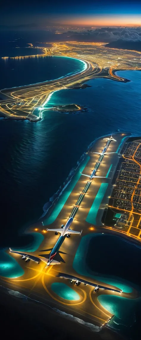 Highest quality,(masterpiece:1.2),Ultra-high resolution,RAW color photos,8K,Vast landscape photography,Realistic photos,Elaborate photos,(((View from the window of a landing plane))),Ocean,Runway,都会のnight景,night,Depth of written boundary,Wide Light,Low Con...