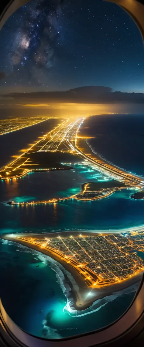 Highest quality,(masterpiece:1.2),Ultra-high resolution,RAW color photos,8K,Vast landscape photography,Realistic photos,Elaborate photos,(((View from the window of a landing plane))),Ocean,Runway,都会のnight景,night,Depth of written boundary,Wide Light,Low Con...