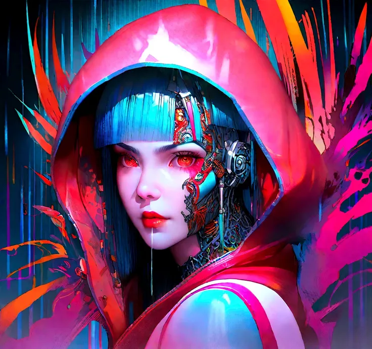 masterpiece, cyborg, The body is glamorous、, Wearing a hood, Shrouded in shadow,Wear an aura , Positano colours, Completely in frame, whole body, Emits electrical energy, whole body, Beautiful girl in beautiful anime waifu style, Ultra-detailed CG painting...