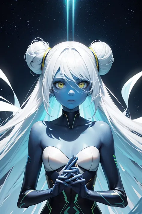 Alien woman, yellow colored-eyes, (alien sci-fi women, blue colored-skin, three eyes, long white hair buns), face and body that are as precisely produced as human women and backed by science, and a well-proportioned, high-dimensional, detailed appearance. ...