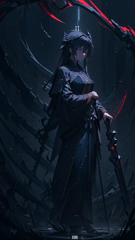 Holding a sickle、Close-up of a woman standing on a scythe, Jan J, Kschaert Krentz Key Art Feminine, Dark Sorceress Full View, Written by Ku Lei Lei, by Zhou Chen, Dark magician full body pose, Jan Jin, by Han Gan, Magnificent and elaborate character art, b...