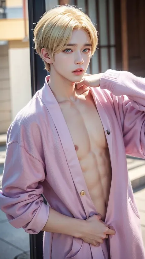 Young man, V of BTS, short and blonde hair, blue eyes, soft face, big lips, pink clothes, male body