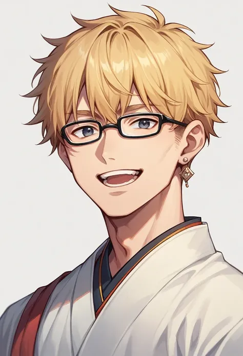 alone, looking at seated viewer, smile, short hair, open mouth, bangs, blonde hair, 1boy, jewelry, upper body, male focus, earrings, japanese clothing, glasses, teeth, 