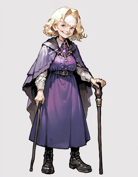 solo,upperbody, purple dress, black boots,standing, elderly, old, old woman,cloak, cane, 
simple background, blonde hair, elderl...