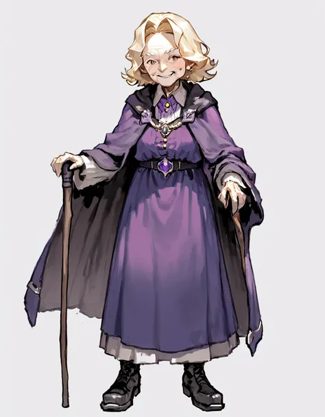 solo,upperbody, purple dress, black boots,standing, elderly, old, old woman,cloak, cane, 
simple background, blonde hair, elderl...