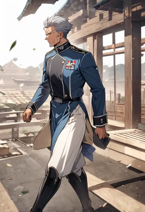 a 50-year-old male character, 2,0m high, short gray hair, blue colored eyes, skin tanned, fully body, tall and strong, wearing uniform.