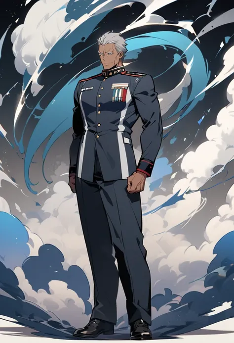 a 50-year-old male character, 2,0m high, short gray hair, blue colored eyes, skin tanned, fully body, tall and strong, wearing uniform.