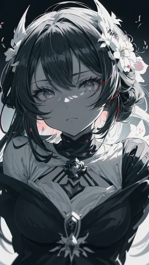 Close-up of a woman wearing a black and white dress and flowers, Devil Anime Girl, Black and white manga style, Anime Style 4 k, Anime Styled, Anime Style artwork, Anime Styled digital art, Inspired by anime, Black and white manga, Anime Style. 8K, Anime S...