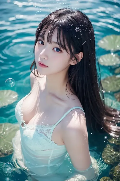 A beautiful Japanese girl is shown underwater surrounded by bubbles.。She floats near the surface、Face and body half submerged in water。High transparency of water、The light refracts in the water and creates beautiful patterns on her skin.。

Her hair is wet ...