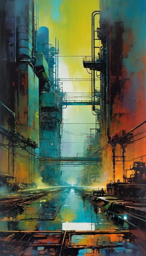 futuristic world, polluted world, robotic world, polluted water, polluted sky colors, industry, pollution, large landscape,,(art inspired by Bill Sienkiewicz ). oil painting)
