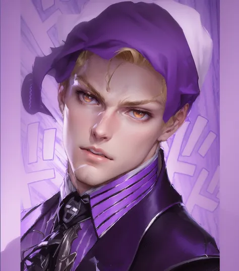 Close-up of a man with blond hair and a purple shirt, beautiful androgynous prince, gentle androgynous prince, handsome guy in demon slayer art, Jojo in anime style, Johan Liebert teaming up with Alucard, made in an anime artist&#39;s studio, Anime portrai...