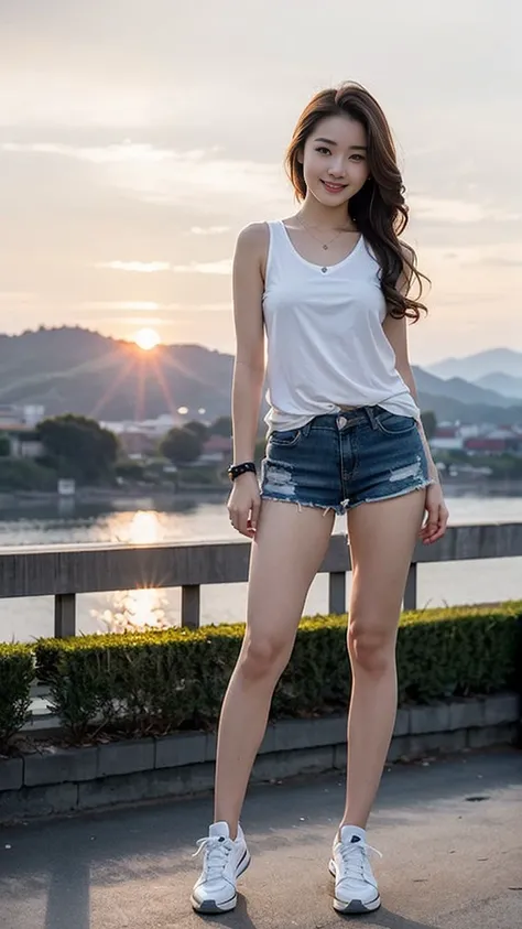  (masterpiece, top quality, best quality,1girls,Korean, beautiful face, smile, long hair, 19 years old, tank top, shorts, White shoes, hills, full body view, sunset，