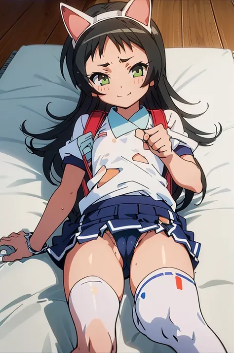 masterpiece, ultra quality, ultra sharp, ultra detailed, 1girl, solo, (((good anatomy))), haduki kurumi, (tattered torn dripping wet white gym shirt), navy gym pants, animal ears, randoseru, name tag, Japanese anime pose, laugh, BurumaShorts, Buruma, Gym U...