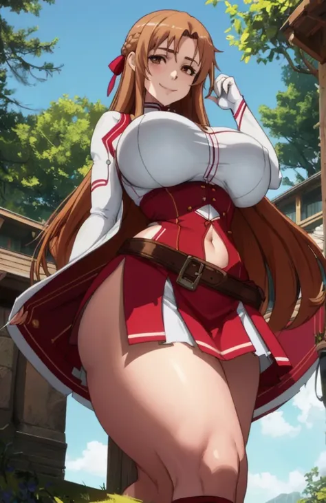 Woman 37 years old Cosplay as Yuki Asuna, KizukiAi, Brown hair, Brown eyes, huge breasts, long hair, Hair, big ass catbo, White gloves, white uniform, White boots, Red dress, Red Belts, big breasts,navel, split, mini skirt, from below, spread your arms,
(B...