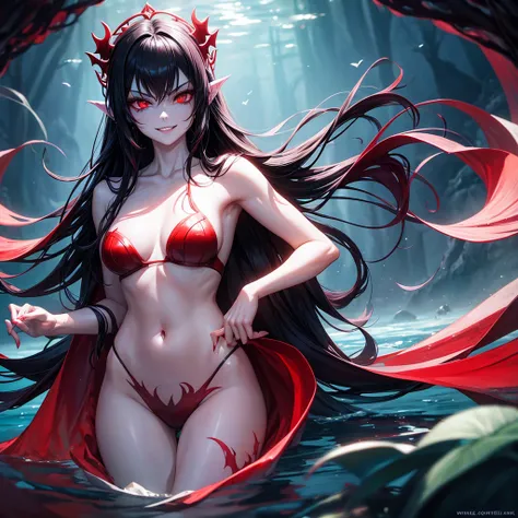 A pale mermaid swimmming in a red lake with moonlight, with long black hair, fierce eyes, an evil smile with sharp teeth