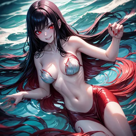 A pale mermaid swimmming in a red lake with moonlight, with long black hair, fierce eyes, an evil smile with sharp teeth