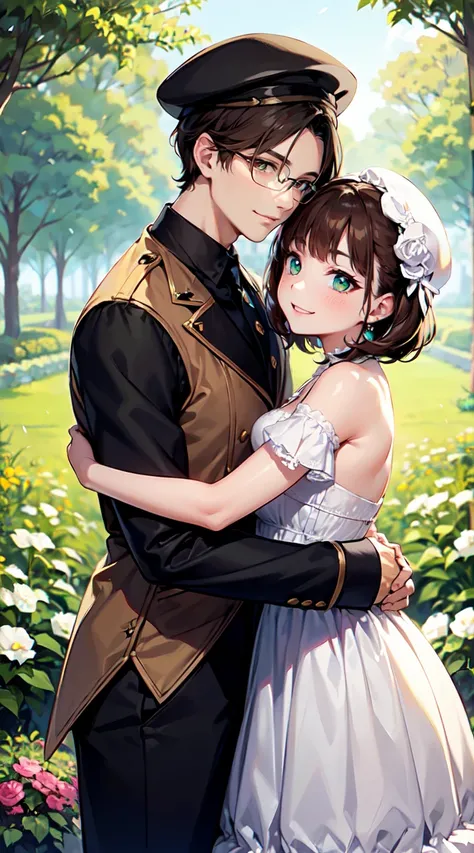 white skin woman, with green eyes , brown fur, white and green lolita clothing, smiling. Hugging a taller man with dark brown hair., brown eyes and white beret. Smiling in love. beautiful poses., Good quality, garden background with plants. flirtatious  , ...