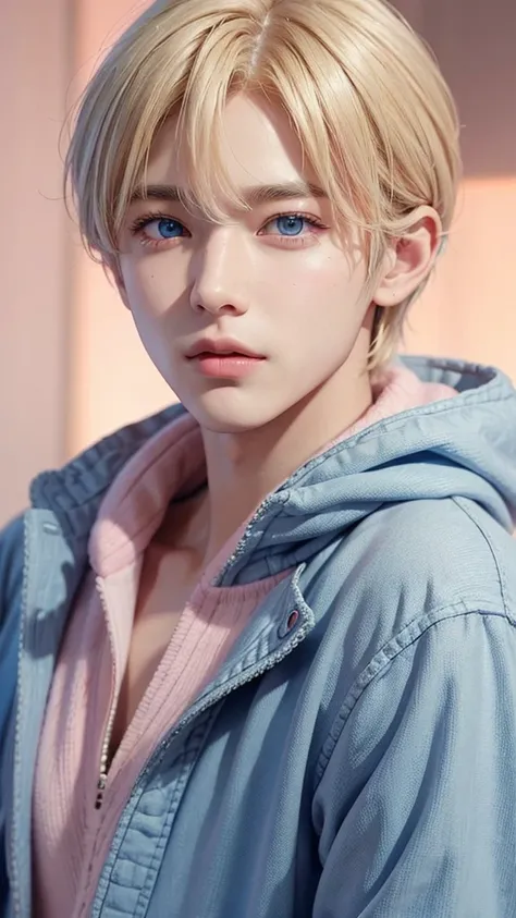 Young man, V of BTS, short and blonde hair, blue eyes, soft face, big lips, pink clothes, male body