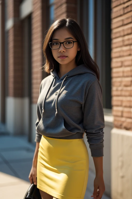 female 20 year old college student, tan-bronze skin with thin layer of freckles, long black hair with orange highlights, curly hair, amber colored eyes, (Wearing a yellow hoodie, black pencil skirt, glasses), on college campus, slim, ,, photorealistic, pho...