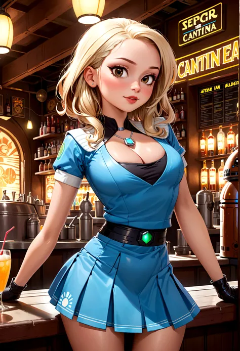 A cute woman in a sci fi waitress outfit (deep neckline, mini skirt, safe for work) is working at a Star Wars cantina serving drinks to wild and rowdy aliens.
