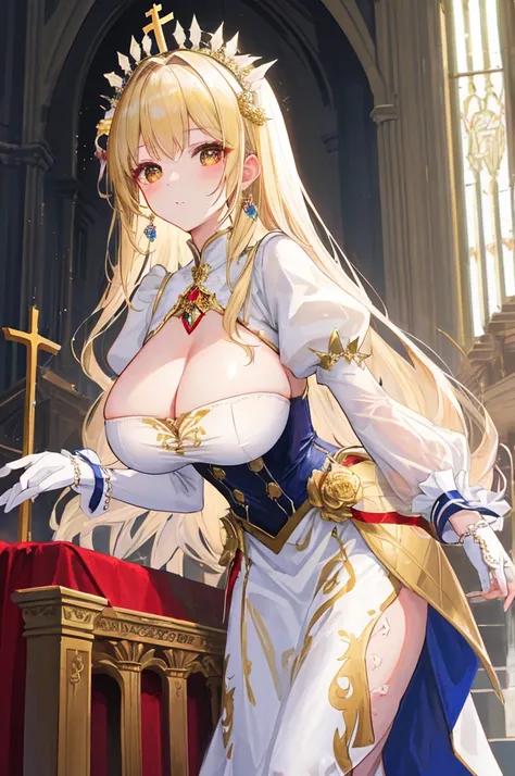 masterpiece，8K，A woman with big tits，Gorgeous woman，transparent，Long blond hair，big hair，((hime cut))，Gorgeous jewelry，Crystal Hair Accessories，Cleavage，pubic，In front of the altar of the majestic church、（Blurred background）、Brighter light，(Elegant gloss）、...