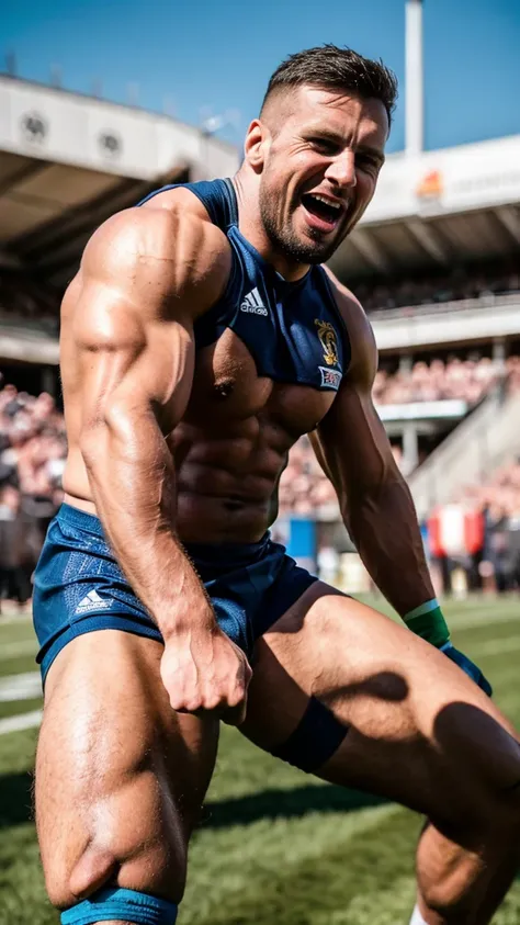 wearing only his rugby tshir, and his legs and dick are complety naked,In the depths of the rugby pitch, where sweat and passion intertwine, emerges the figure of a man who embodies the power and grace of modern rugby. His taut muscles glisten under the su...