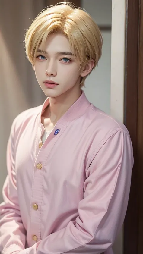 Young man, V of BTS, short and blonde hair, blue eyes, soft face, big lips, pink clothes, male body