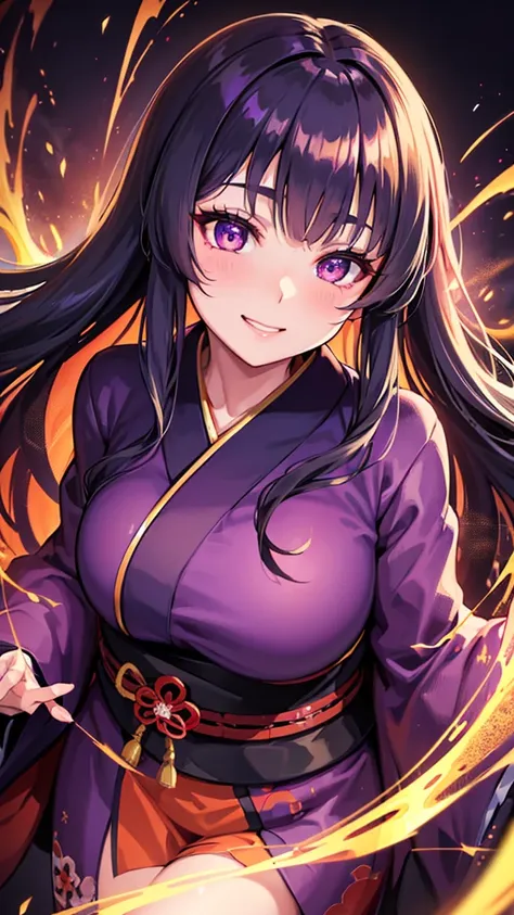 A beautiful girl in a japanese kimono, dark long hair, amethyst sparkling eyes, smiling, behind her a vast army of diverse yokai spirits, powerful commanding presence, shrouded in smoke, bokeh effect, masterpiece, best quality, 8k, ultra-detailed, highly r...