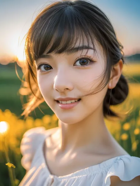 Japanese beautiful girl, ((Fisheye Lens, )) wind, sunset, Wheat field、, (Aesthetics and atmosphere:1.2),Smiling beautiful woman、8K、ultra HD、woman1 person((highest quality, 8K, masterpiece: 1.3)), woman (Wearing a white dress), Dancing,Sharp focus: 1.2, cut...