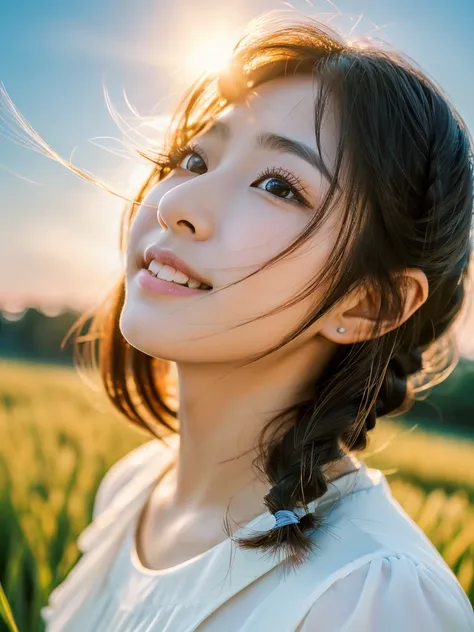 Japanese beautiful girl, ((Fisheye Lens, )) wind, sunset, Wheat field、, (Aesthetics and atmosphere:1.2),Smiling beautiful woman、8K、ultra HD、woman1 person((highest quality, 8K, masterpiece: 1.3)), woman (Wearing a white dress), Dancing,Sharp focus: 1.2, cut...