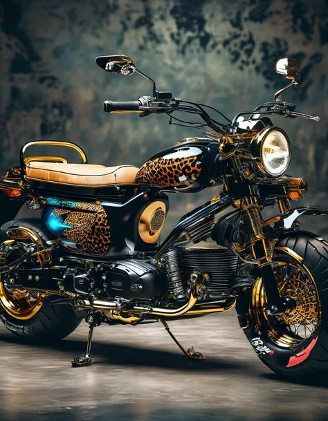 electric motorcycle in leopard print retro colors，high-quality artworks created by master artists， best quality, details，black m...